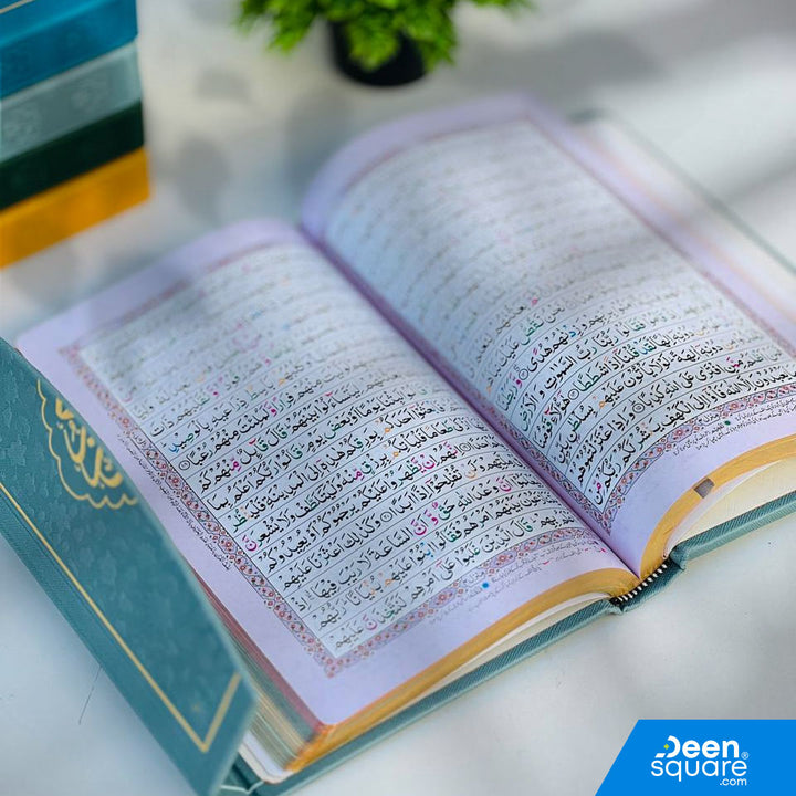 Premium Urdu/Indo-Pak Tajweed Quran (Ref 411F), 14x20 cm, 16 lines, 560 pages, 4-color print, art paper, hard binding. Ideal Islamic gift.
