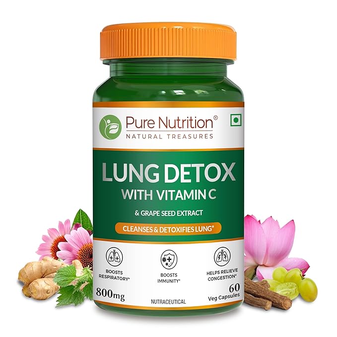 Pure Nutrition Lung Detox capsules featuring Vitamin C, Quercetin, Vasaka, Echinacea and botanical extracts.