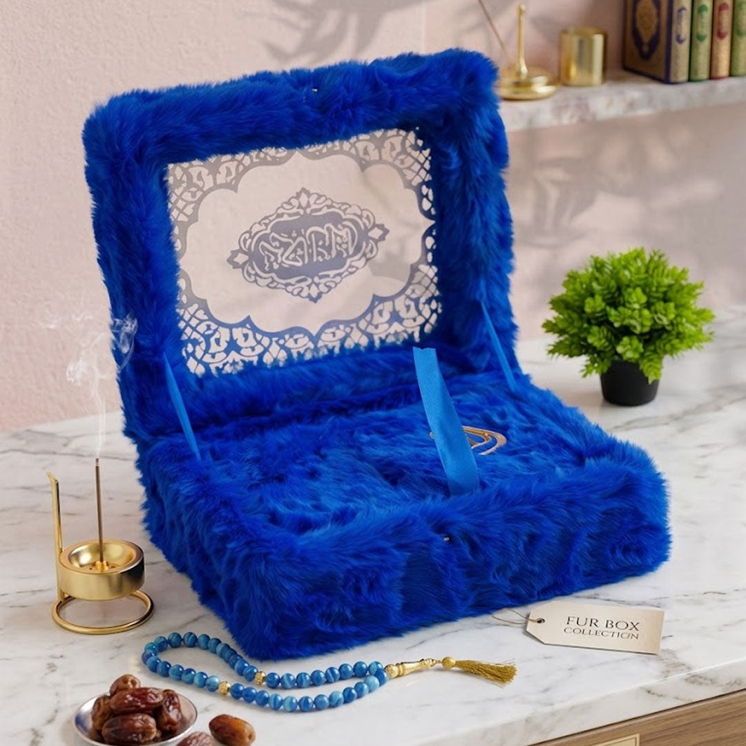 Luxury Quran gift box with velvet finish and Rehal stand. Fits 14x20 &amp; 17x24 cm Quran. Perfect Islamic gift for Ramadan, Eid, and special occasions. available at deensquare.com