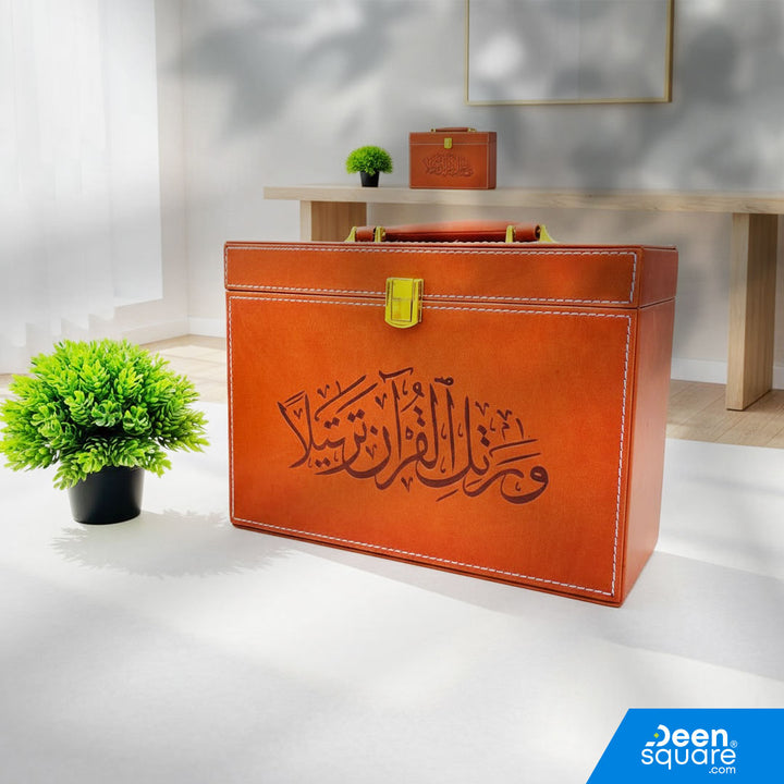 Buy Quran 30 Juz Set with elegant PU leather box. Authentic Uthmani script, premium brown finish, ideal for recitation, study, and gifting.