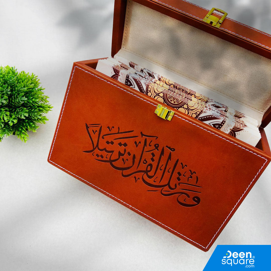 Buy Quran 30 Juz Set with elegant PU leather box. Authentic Uthmani script, premium brown finish, ideal for recitation, study, and gifting.