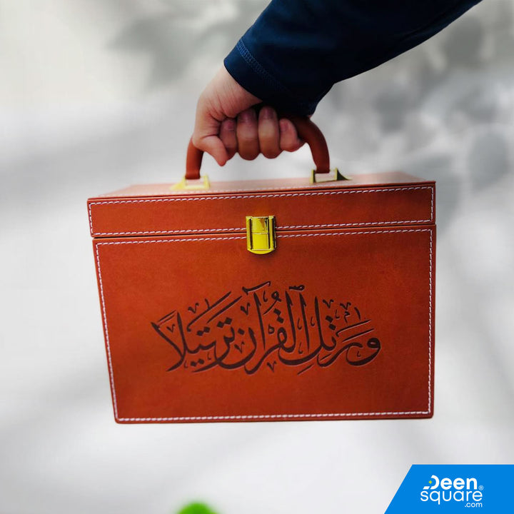 Buy Quran 30 Juz Set with elegant PU leather box. Authentic Uthmani script, premium brown finish, ideal for recitation, study, and gifting.