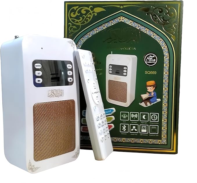 Buy Quran Speaker SQ669 with 16 reciters, 16 translations, word-by-word recitation, Bluetooth, touch & remote control. High-quality Islamic learning speaker.