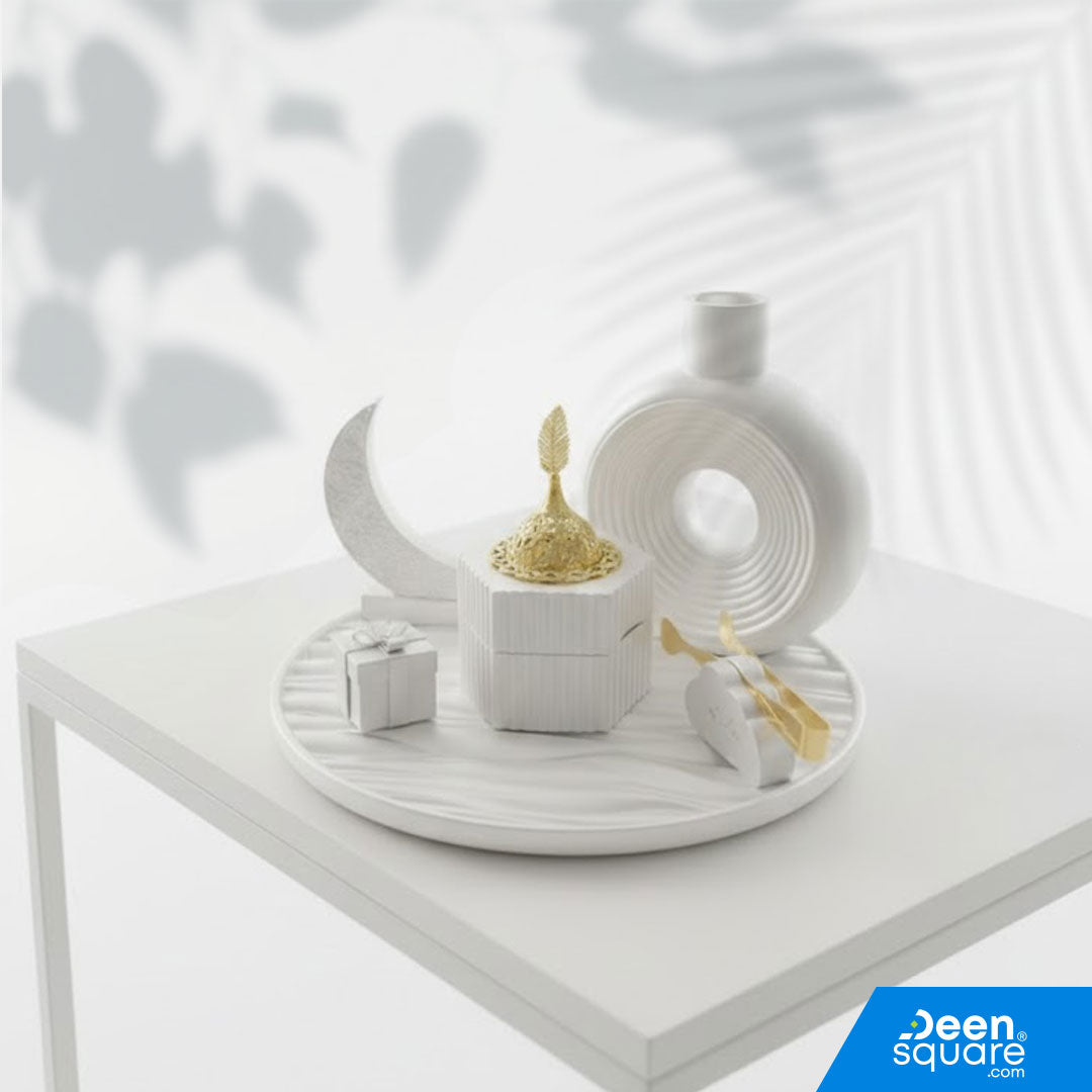 Elegant Ramadan ceramic decor set with oud burner, vase &amp; Ramadan Mubarak piece. Perfect for home decoration and gifting.