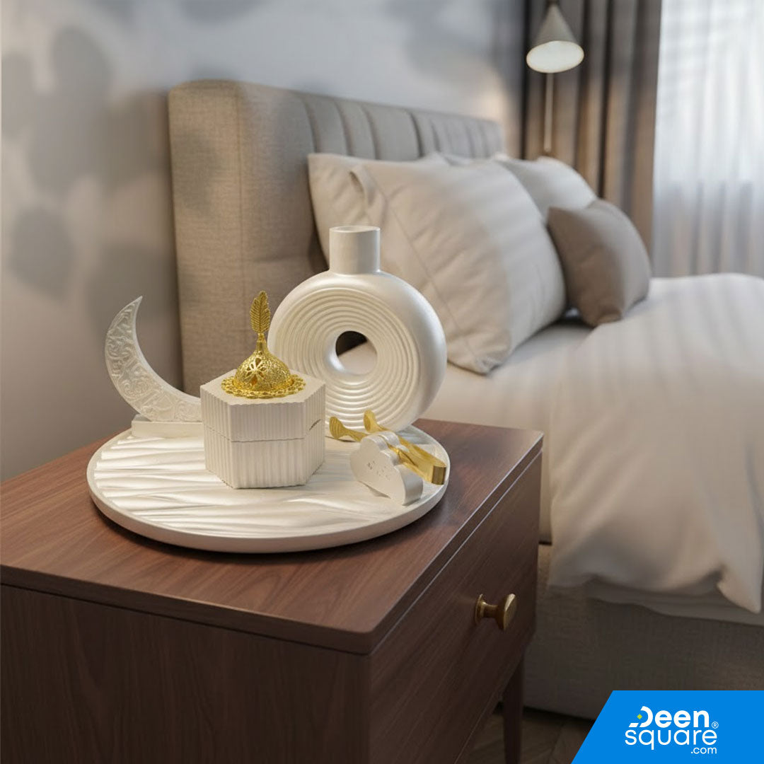 Elegant Ramadan ceramic decor set with oud burner, vase &amp; Ramadan Mubarak piece. Perfect for home decoration and gifting.