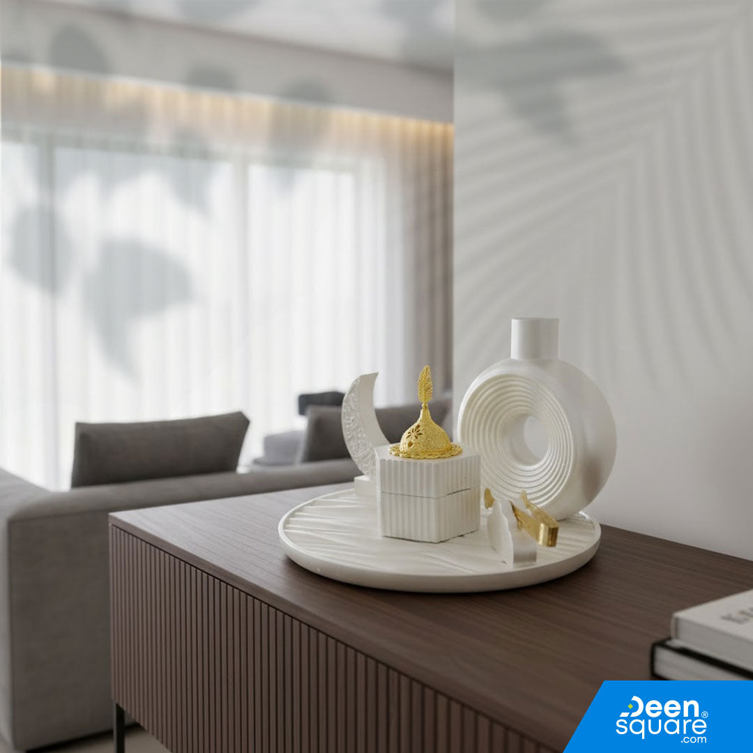 Elegant Ramadan ceramic decor set with oud burner, vase &amp; Ramadan Mubarak piece. Perfect for home decoration and gifting.