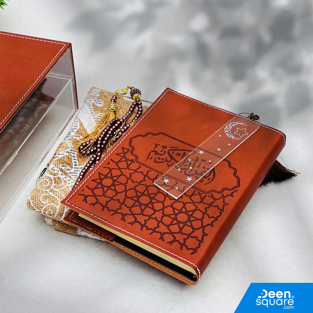 Elegant Ramadan Mubarak Quran Gift Set 2026 with Uthmani Quran, prayer mat, and Tasbih. Premium acrylic & PU leather box, perfect for Ramadan and Eid gifting.
