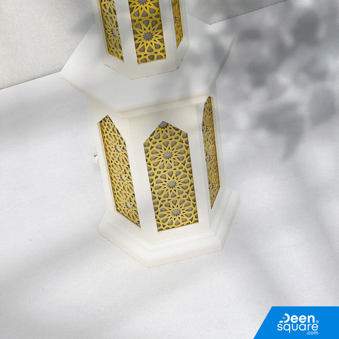 Elegant 3D Ramadan minaret décor with soft lighting, white and gold finish, and premium MDF build. Perfect for prayer corners and Islamic home décor.