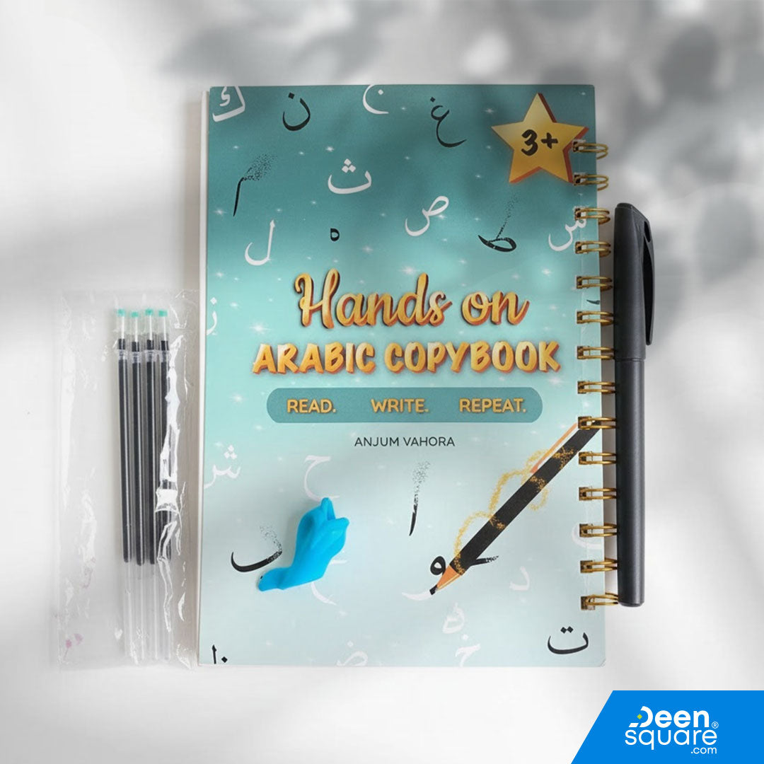 Reusable Arabic Alphabet CopyBook for kids aged 3+. Groove tracing design, disappearing ink, pen & refills included. Fun Arabic handwriting practice.