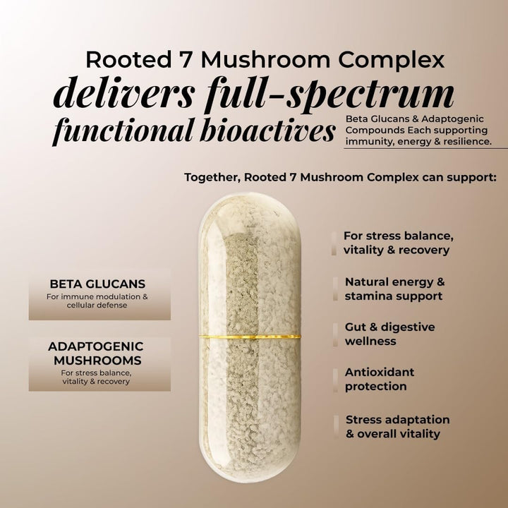 Organic 7 Mushroom Complex with Lion’s Mane, Reishi, Cordyceps and more. Over 30% beta glucans for immunity, gut, brain and daily wellness support.