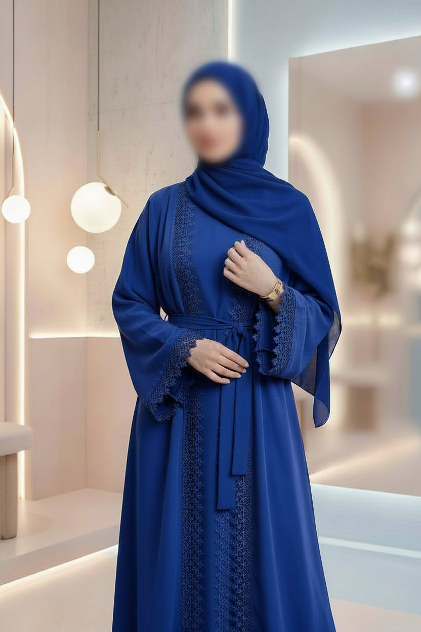 Shop the stunning Royal Blue Abaya in ultra-soft Pooka material. Featuring elegant crochet lace and a matching belt. Sizes 52-60 available. Fast shipping from Dubai.