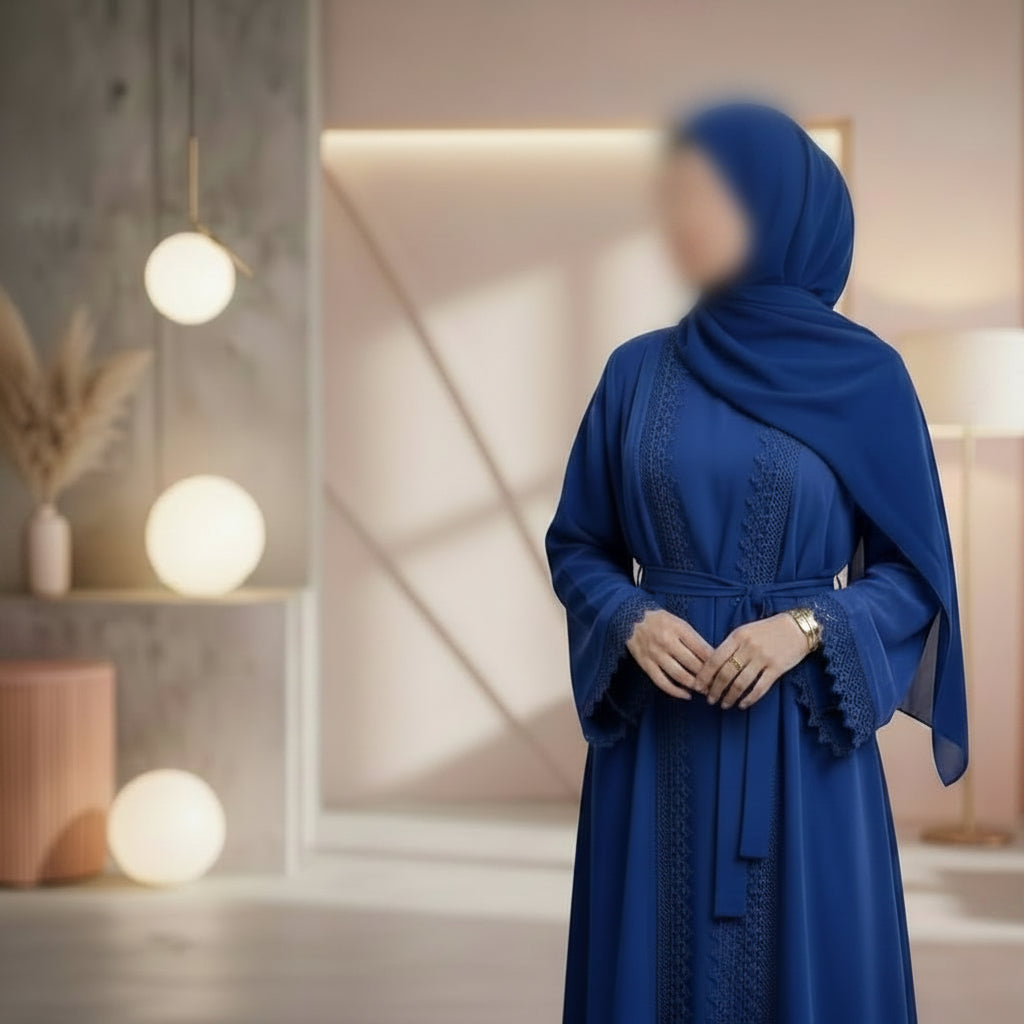 Royal Blue Crochet-Trimmed Abaya - Premium Poka Soft Fabric - Dubai and UAE