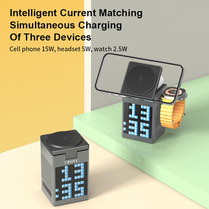 Buy S5 Wireless Charger with Speaker &amp; Clock at deensquare.com Dubai | UAE. Fast wireless charging, Bluetooth speaker &amp; digital clock in one device.