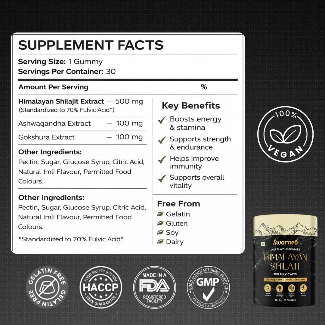Premium Himalayan Shilajit Gummies for Men with 70% Fulvic Acid, Ashwagandha, Ginseng, Black Musli, and Gokshura. Easy-to-take daily herbal supplement.