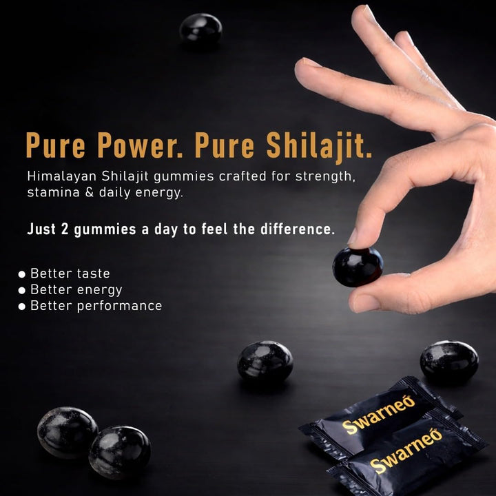 Premium Himalayan Shilajit Gummies for Men with 70% Fulvic Acid, Ashwagandha, Ginseng, Black Musli, and Gokshura. Easy-to-take daily herbal supplement.