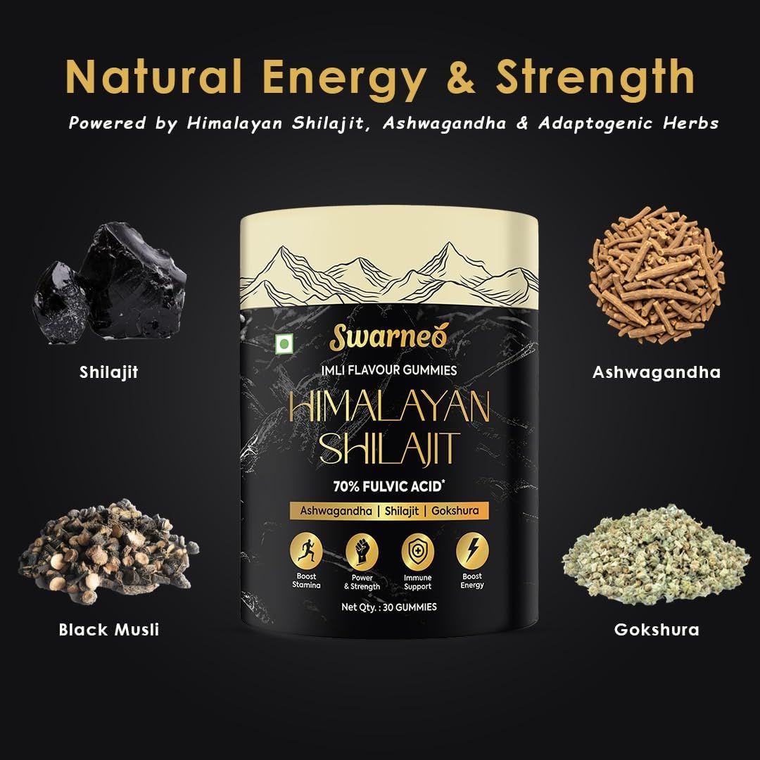 Premium Himalayan Shilajit Gummies for Men with 70% Fulvic Acid, Ashwagandha, Ginseng, Black Musli, and Gokshura. Easy-to-take daily herbal supplement.