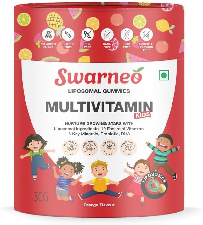 Liposomal multivitamin gummies for kids with DHA, probiotics, 10 vitamins and 6 minerals. No added sugar, orange flavour, supports growth and immunity.
