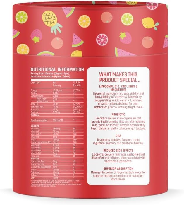 Liposomal multivitamin gummies for kids with DHA, probiotics, 10 vitamins and 6 minerals. No added sugar, orange flavour, supports growth and immunity.