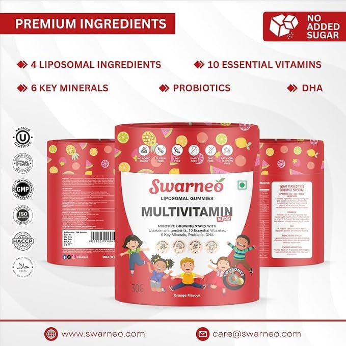Liposomal multivitamin gummies for kids with DHA, probiotics, 10 vitamins and 6 minerals. No added sugar, orange flavour, supports growth and immunity.