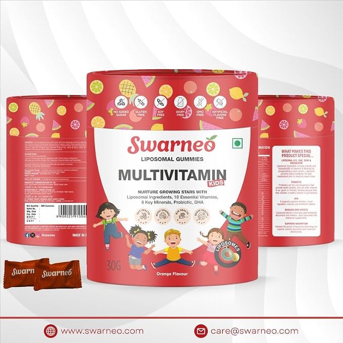 Liposomal multivitamin gummies for kids with DHA, probiotics, 10 vitamins and 6 minerals. No added sugar, orange flavour, supports growth and immunity.