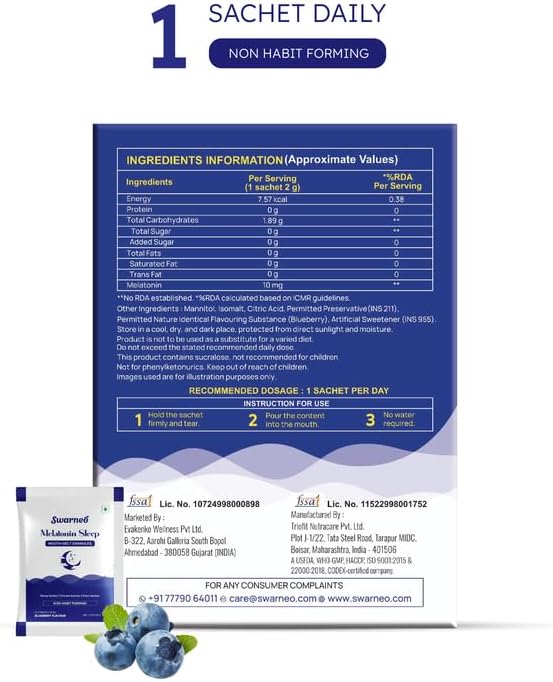 SWARNEO Melatonin 10mg Mouth Melts with blueberry flavor. Fast dissolving, no water needed, non-habit forming sleep support in 10 sachets.