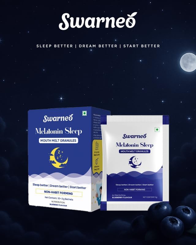 SWARNEO Melatonin 10mg Mouth Melts with blueberry flavor. Fast dissolving, no water needed, non-habit forming sleep support in 10 sachets.