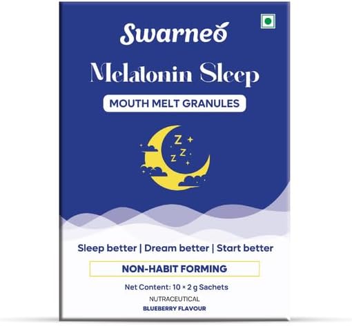 SWARNEO Melatonin 10mg Mouth Melts with blueberry flavor. Fast dissolving, no water needed, non-habit forming sleep support in 10 sachets.