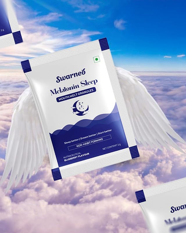SWARNEO Melatonin 10mg Mouth Melts with blueberry flavor. Fast dissolving, no water needed, non-habit forming sleep support in 10 sachets.