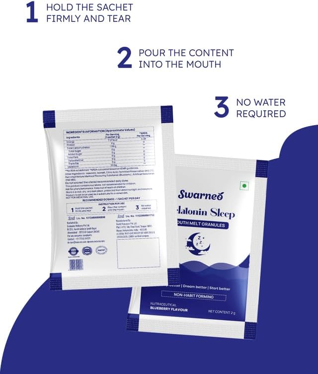 SWARNEO Melatonin 10mg Mouth Melts with blueberry flavor. Fast dissolving, no water needed, non-habit forming sleep support in 10 sachets.