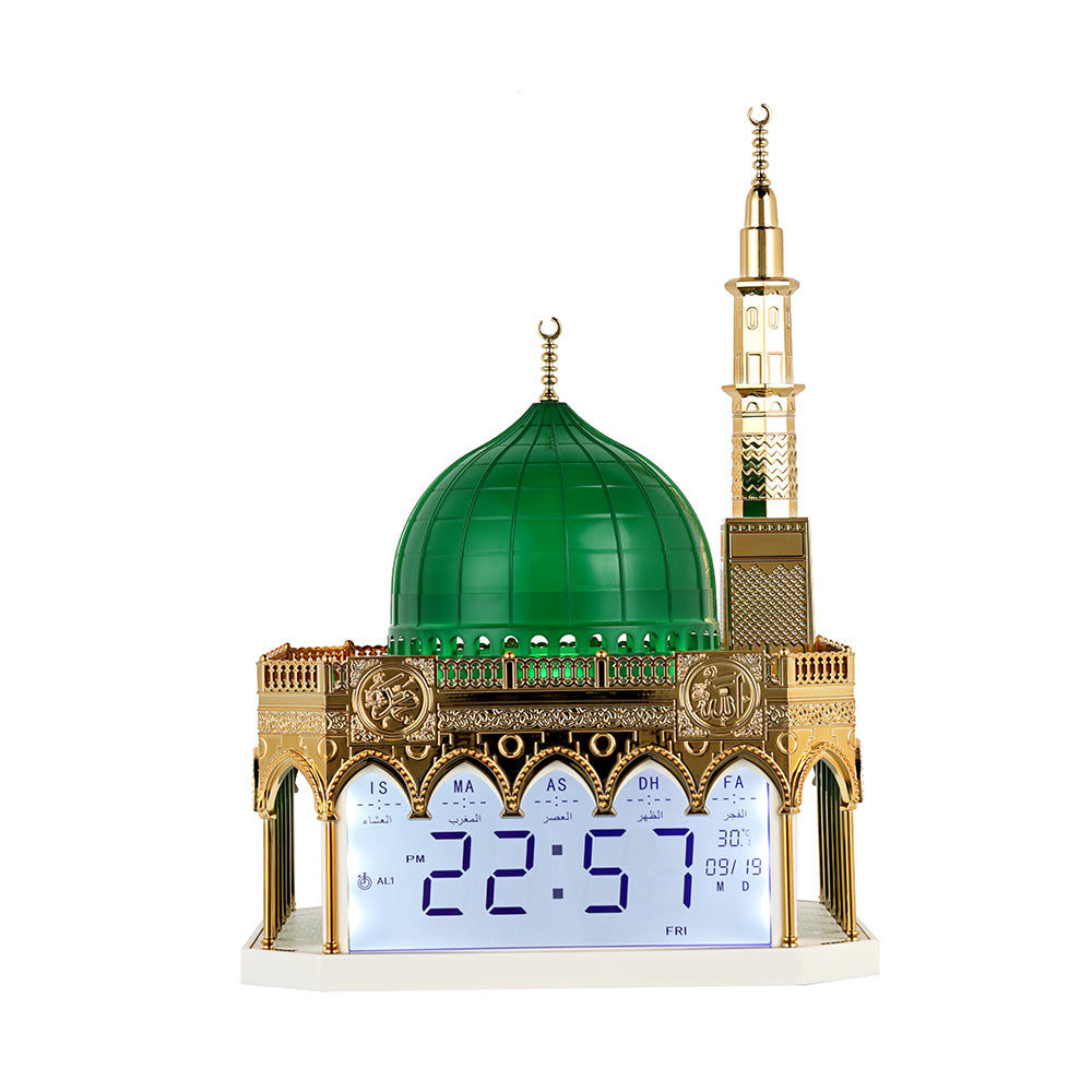 Smart Azan Clock C-9 with Bluetooth Quran speaker, full Quran, Azan reminders, app control, 16 reciters, translations, and premium Islamic features.
