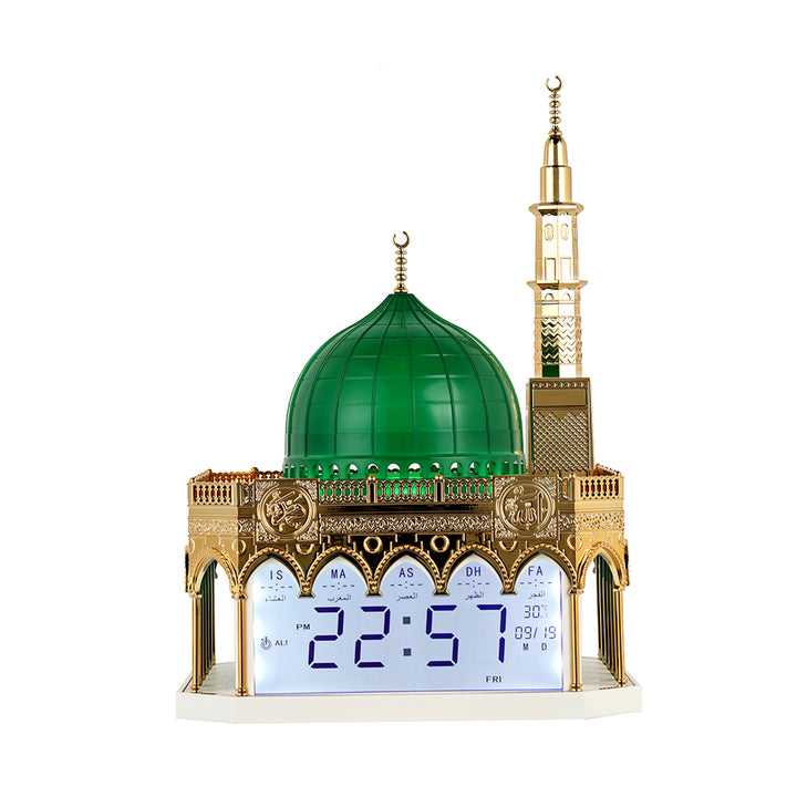 Smart Azan Clock C-9 with Bluetooth Quran speaker, full Quran, Azan reminders, app control, 16 reciters, translations, and premium Islamic features.
