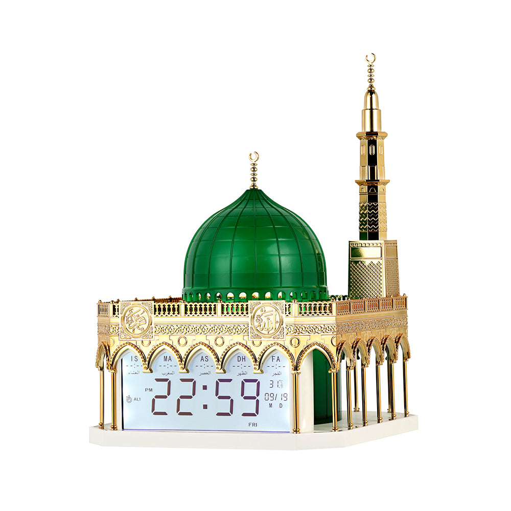 Smart Azan Clock C-9 with Bluetooth Quran speaker, full Quran, Azan reminders, app control, 16 reciters, translations, and premium Islamic features.
