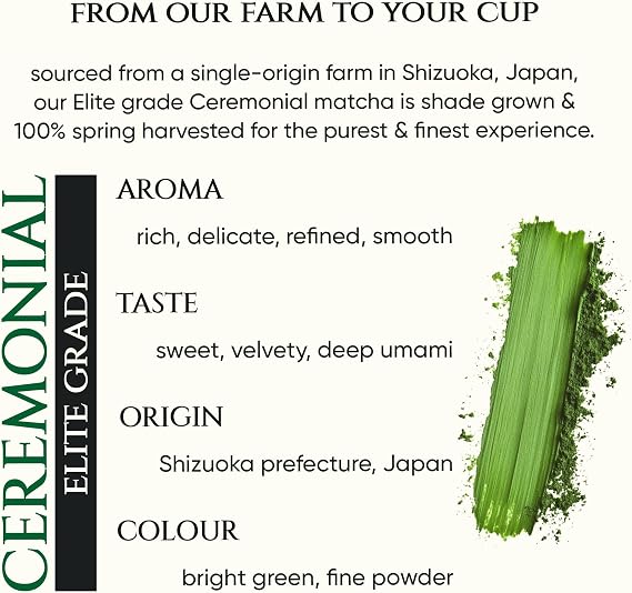 Discover Tencha Ceremonial Elite Grade Matcha 50g sourced from Shizuoka, Japan. Superior-grade spring harvest matcha with smooth flavor, subtle sweetness, and authentic Japanese quality.