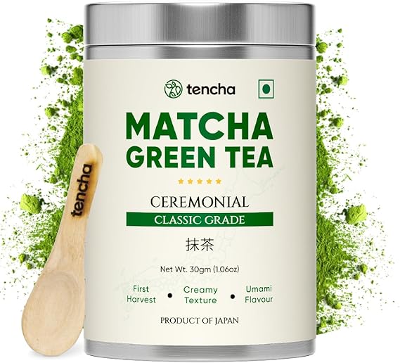 Shop Tencha Ceremonial Matcha Tea 30g. 100% pure super premium Japanese matcha green tea powder, vegan, radiation tested, includes free spoon, ideal for traditional matcha preparation.