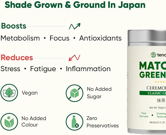 Shop Tencha Ceremonial Matcha Tea 30g. 100% pure super premium Japanese matcha green tea powder, vegan, radiation tested, includes free spoon, ideal for traditional matcha preparation.
