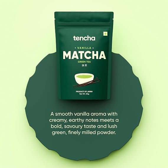 Shop Tencha Vanilla Matcha Tea 50g with premium Japanese matcha from Shizuoka. Vegan, preservative-free, naturally rich in antioxidants, ideal for tea, lattes, smoothies, and baking.