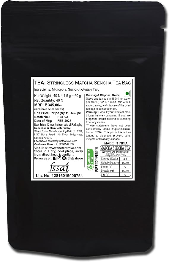 Enjoy a refreshing Matcha and Sencha green tea blend with 40 eco-friendly tea bags. Smooth flavor, medium caffeine, and packed in a resealable pouch.