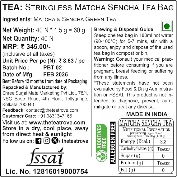 Enjoy a refreshing Matcha and Sencha green tea blend with 40 eco-friendly tea bags. Smooth flavor, medium caffeine, and packed in a resealable pouch.
