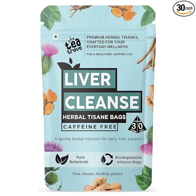 Herbal liver wellness tea with Milk Thistle, Dandelion Root, Turmeric, Ginger, Fennel, and Peppermint. Caffeine-free, vegan-friendly blend with 30 tea bags.