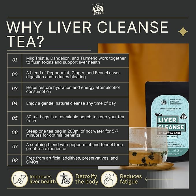 Herbal liver wellness tea with Milk Thistle, Dandelion Root, Turmeric, Ginger, Fennel, and Peppermint. Caffeine-free, vegan-friendly blend with 30 tea bags.