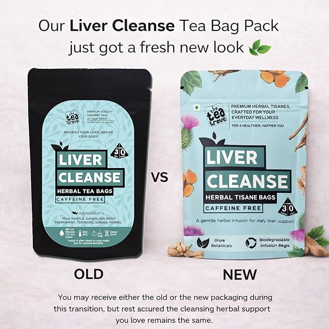 Herbal liver wellness tea with Milk Thistle, Dandelion Root, Turmeric, Ginger, Fennel, and Peppermint. Caffeine-free, vegan-friendly blend with 30 tea bags.