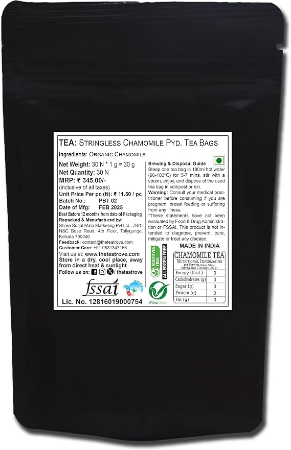 Enjoy organic chamomile tea in 30 pyramid tea bags. Caffeine-free herbal tea with a soothing floral taste, packed in a resealable eco-friendly pouch.
