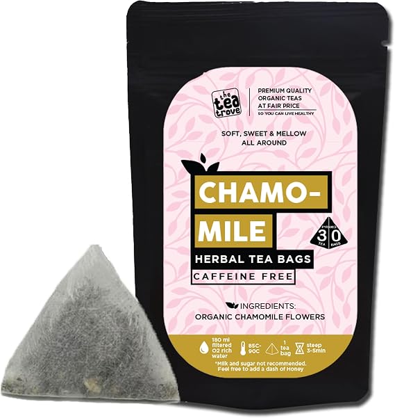 Enjoy organic chamomile tea in 30 pyramid tea bags. Caffeine-free herbal tea with a soothing floral taste, packed in a resealable eco-friendly pouch.