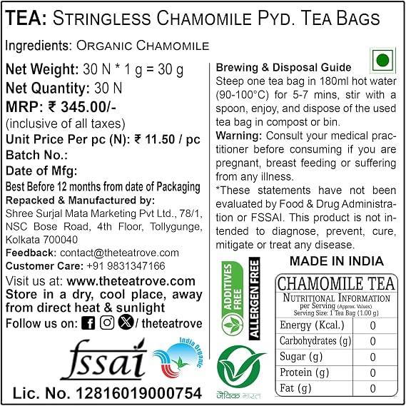 Enjoy organic chamomile tea in 30 pyramid tea bags. Caffeine-free herbal tea with a soothing floral taste, packed in a resealable eco-friendly pouch.