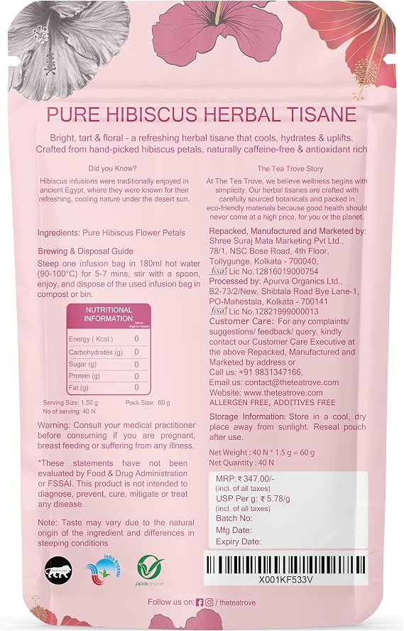 Enjoy refreshing organic hibiscus tea with 40 eco-friendly tea bags. Caffeine-free, vegetarian, and packed in a resealable freshness pouch.