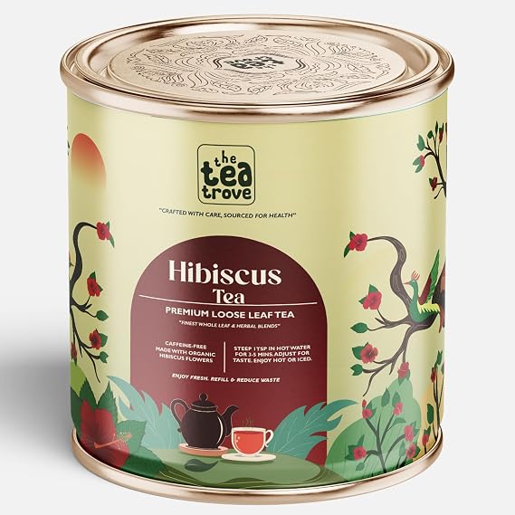 Enjoy The Tea Trove Organic Hibiscus Tea Leaves 100g. Pure dried hibiscus flower tea in a premium reusable tin box. Caffeine-free, vegan, antioxidant-rich herbal infusion for daily wellness.