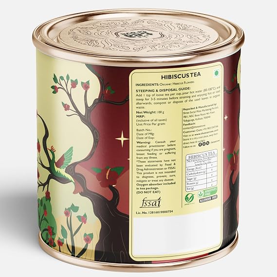 Enjoy The Tea Trove Organic Hibiscus Tea Leaves 100g. Pure dried hibiscus flower tea in a premium reusable tin box. Caffeine-free, vegan, antioxidant-rich herbal infusion for daily wellness.