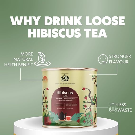 Enjoy The Tea Trove Organic Hibiscus Tea Leaves 100g. Pure dried hibiscus flower tea in a premium reusable tin box. Caffeine-free, vegan, antioxidant-rich herbal infusion for daily wellness.