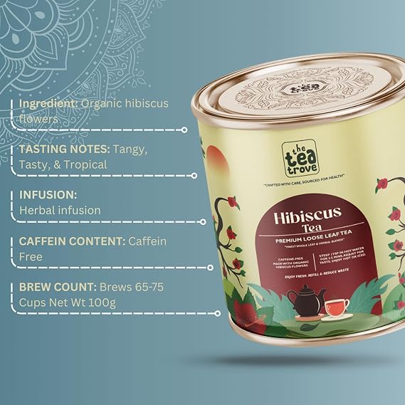 Enjoy The Tea Trove Organic Hibiscus Tea Leaves 100g. Pure dried hibiscus flower tea in a premium reusable tin box. Caffeine-free, vegan, antioxidant-rich herbal infusion for daily wellness.
