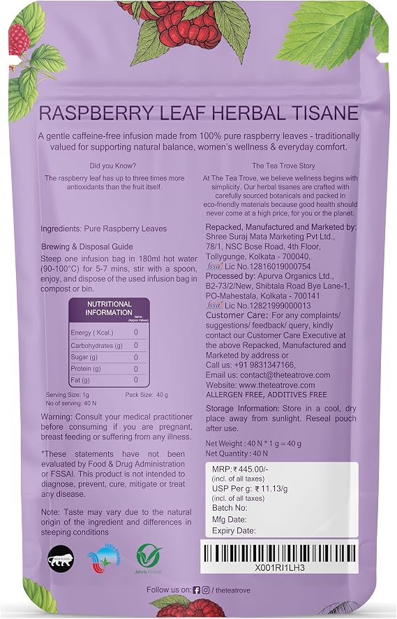 Enjoy organic red raspberry leaf tea in 40 pyramid tea bags. Caffeine-free, additive-free herbal tea packed in a resealable eco-friendly pouch.